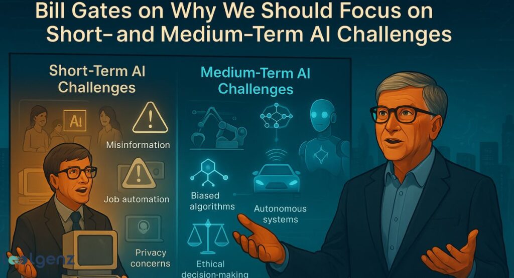 "Bill Gates on Why We Should Focus on Short- and Medium-Term AI Challenges." It depicts Bill Gates on the right, gesturing, with two columns of AI challenges. "Short-Term AI Challenges" include misinformation, job automation, and privacy concerns. "Medium-Term AI Challenges" include biased algorithms, autonomous systems, and ethical decision-making.