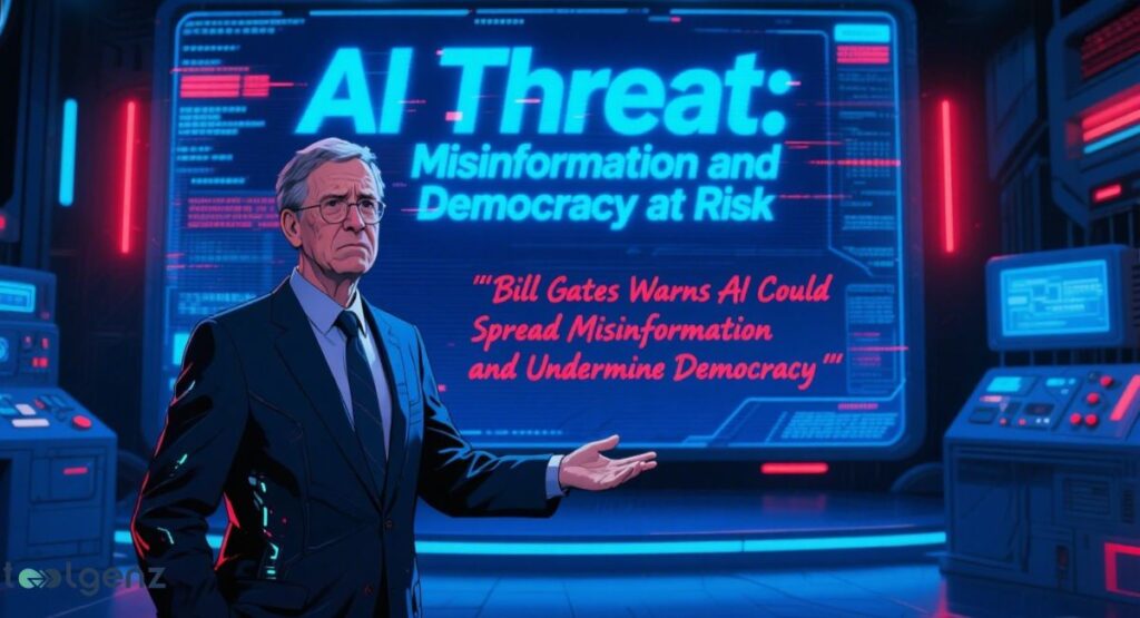 An illustration of Bill Gates standing in a futuristic, tech-filled room with large screens displaying "AI Threat: Misinformation and Democracy at Risk." The screen also features the quote "Bill Gates Warns AI Could Spread Misinformation and Undermine Democracy." The room has blue and red glowing elements, suggesting a warning or critical situation.