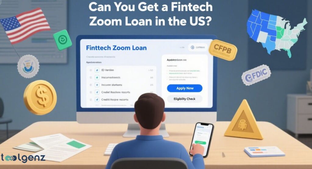 A person viewing a "Fintech Zoom Loan" application on a monitor, surrounded by elements like a US flag, a map of the USA, a dollar coin, and regulatory symbols like CFPB and FDIC, addressing the question of loan availability in the US.