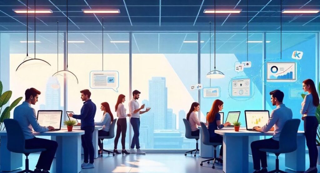  A vibrant, modern office environment with multiple professionals working on computers, and various holographic icons floating above, representing data, communication, and analytics, suggesting career opportunities at Alaya AI.