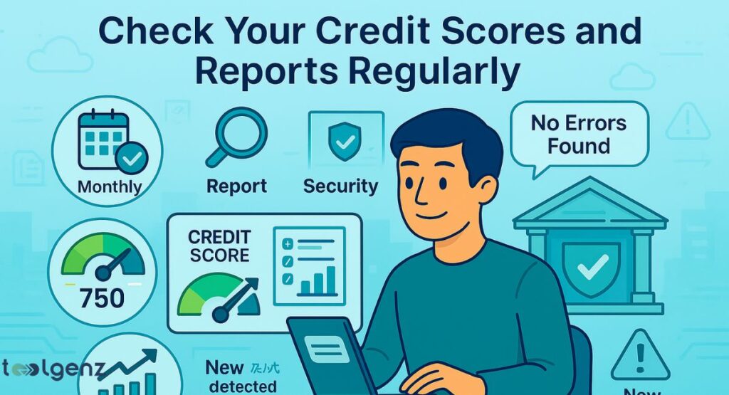 "Check Your Credit Scores and Reports Regularly." It features a central man on a laptop looking at his credit score. Around him are icons representing credit monitoring activities: "Monthly" checks (calendar), "Report" (magnifying glass), "Security" (shield), and a "750" credit score gauge. A speech bubble says "No Errors Found."

