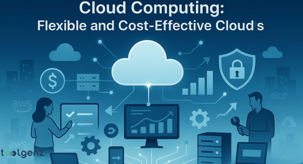 An infographic about "Cloud Computing: Flexible and Cost-Effective Clouds." It depicts a large central cloud icon connected to servers, a monitor with a graph, security shields, and various IT professionals, all integrated into a network of glowing lines on a circuit board-like background. The logos for AWS and GCP are also visible.