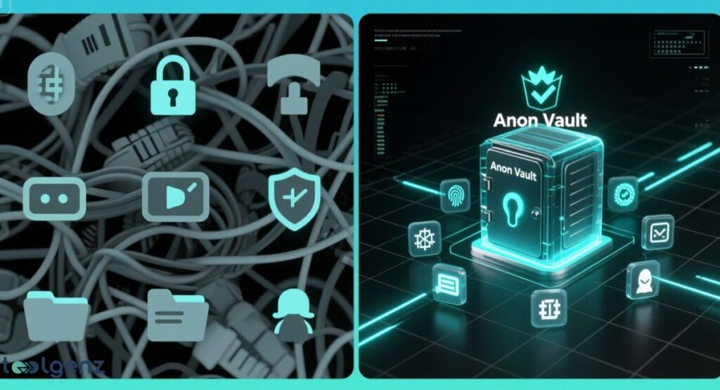  A split image comparing generic privacy tools (left, messy cables and dull icons) with "Anon Vault" (right, glowing secure vault surrounded by crisp digital privacy icons), illustrating Anon Vault's superiority.