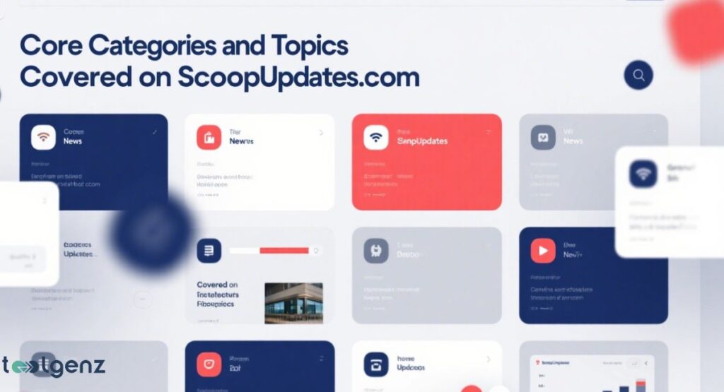 A horizontal timeline showing the evolution of ScoopUpdates.com, with icons representing different stages of its development, such as an early newspaper, a security shield, a smartphone, and a news document.

