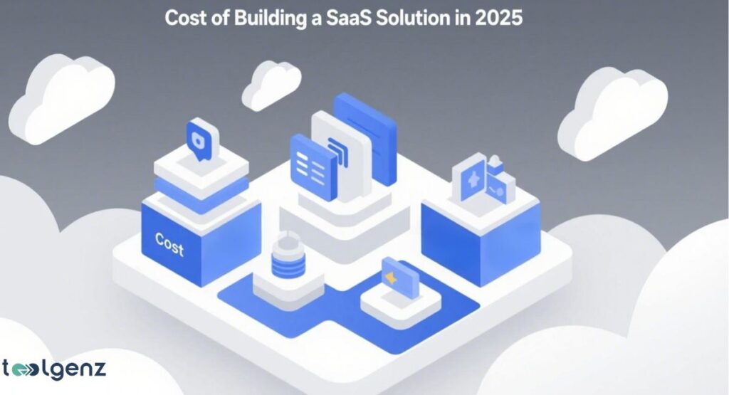 "Cost of Building a SaaS Solution in 2025." It features various abstract blue and white block structures representing different components of a SaaS solution, with words like "Cost" and "Platform" visible. Several white clouds float in the light gray background.

