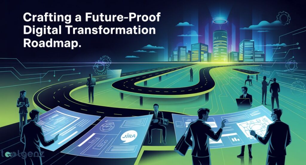 An illustration of a city skyline transitioning into a winding road, with business professionals interacting with large, glowing digital screens displaying data and a Jira icon, symbolizing the crafting of a future-proof digital transformation roadmap.

