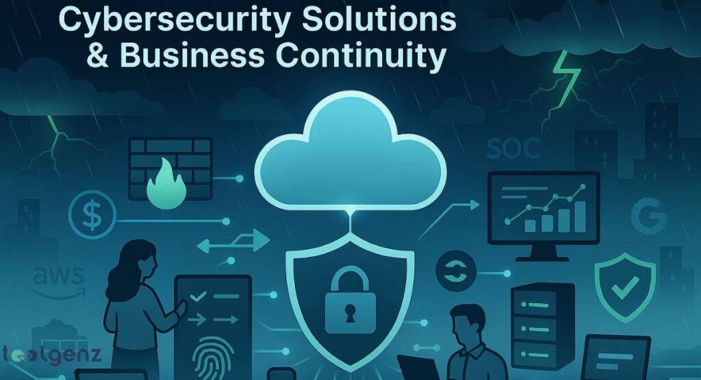 An infographic titled "Cybersecurity Solutions & Business Continuity," depicting a stormy sky with lightning over a city. A central cloud icon is connected to a large shield with a padlock. Various IT elements like firewalls, money symbols, data servers, and business professionals with laptops are shown, emphasizing secure digital operations. AWS and Google logos are visible.