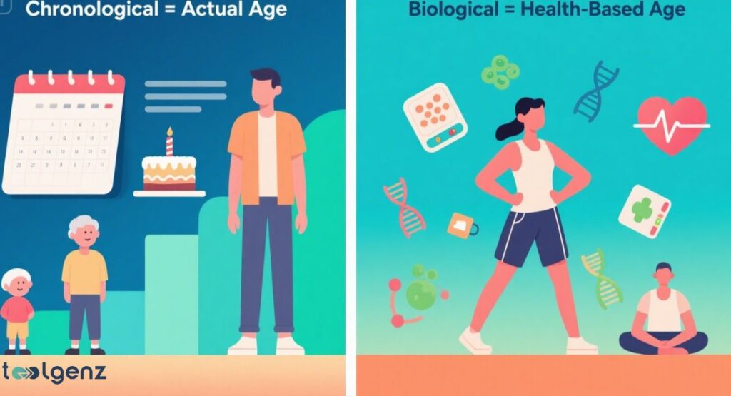 An infographic illustrating the differences between chronological age (actual age represented by a calendar and birthday cake) and biological age (health-based age represented by a fit person surrounded by health-related icons like DNA and a heartbeat).