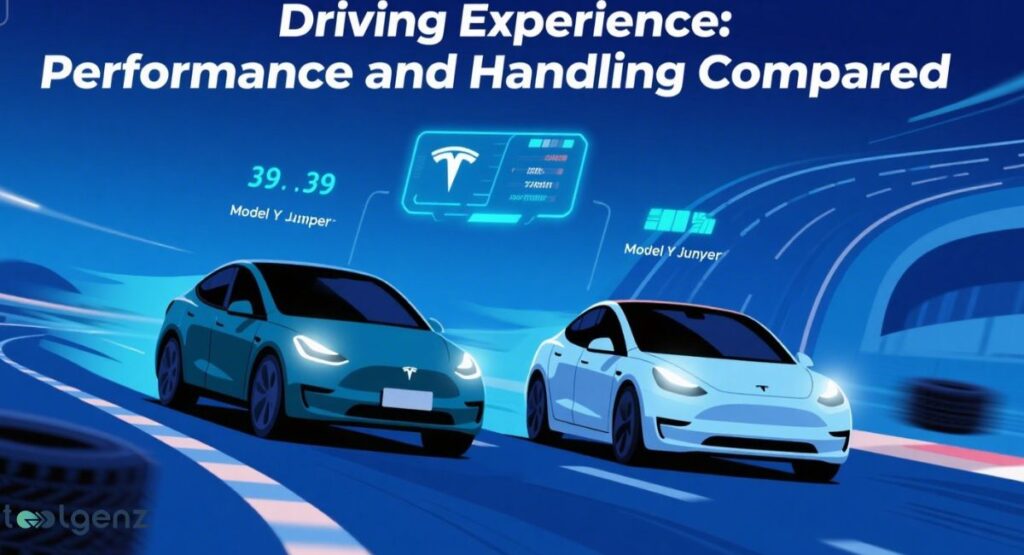 Two Tesla Model Y cars (one teal "Model Y Juniper" and one white "Model Y Junyer") racing on a track, with digital overlays showing performance metrics, illustrating a comparison of their driving experience, performance, and handling.