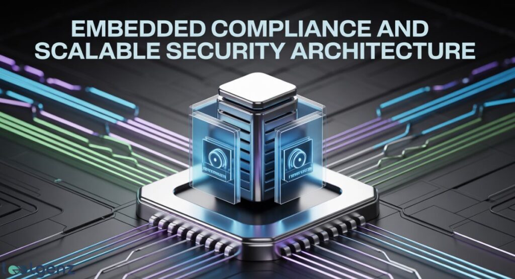 A 3D render of a glowing, transparent cube representing a data center or secure module, placed on a circuit board-like chip. Bright, multicolored data pathways radiate from the chip, illustrating "Embedded Compliance and Scalable Security Architecture."


