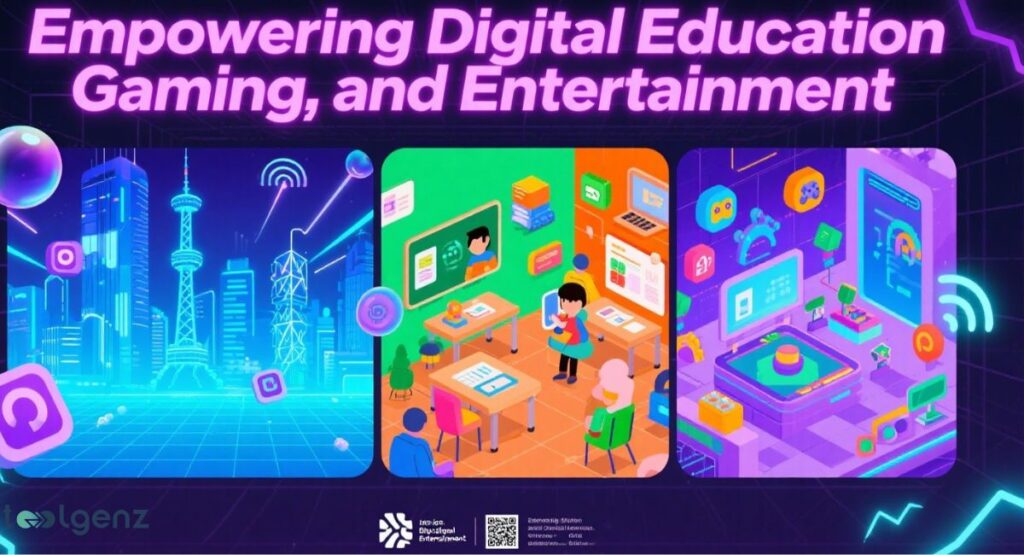 A three-panel image showcasing "Empowering Digital Education, Gaming, and Entertainment." The left panel shows a futuristic cityscape, the middle panel depicts a digital classroom scene, and the right panel illustrates a gaming/entertainment setup with a console and various icons.


