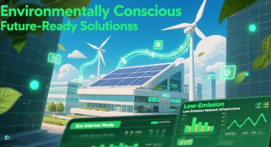 A futuristic cityscape featuring buildings with solar panels and wind turbines, surrounded by glowing green data lines and floating energy-related icons. In the foreground, two screens display "Eco Internet Mode" and "Low-Emission Network Infrastructure" data, illustrating "Environmentally Conscious Future-Ready Solutions.