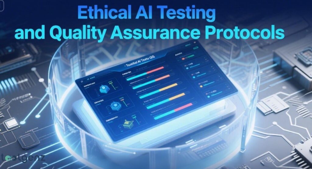 A glowing futuristic display showing an "Ethical AI Testing and Quality Assurance Protocols" dashboard with graphs and data, encased in a transparent cylinder, set against a dark background with circuit board elements.