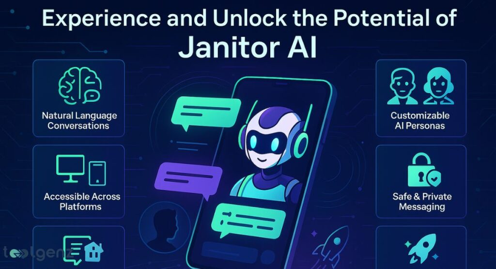 An infographic illustrating the features of "Janitor AI," with a central smartphone showing a robot AI with chat bubbles, surrounded by icons representing natural language conversations, customizable AI personas, cross-platform accessibility, safe messaging, and other features.