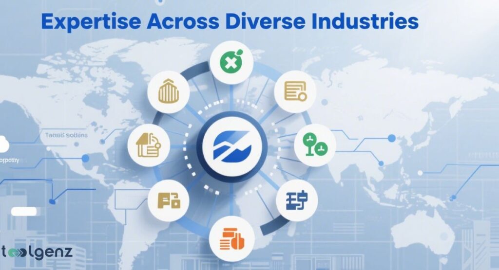 A world map overlaid with a circular infographic displaying a central blue and green icon surrounded by eight smaller icons representing different industries, under the title "Expertise Across Diverse Industries."