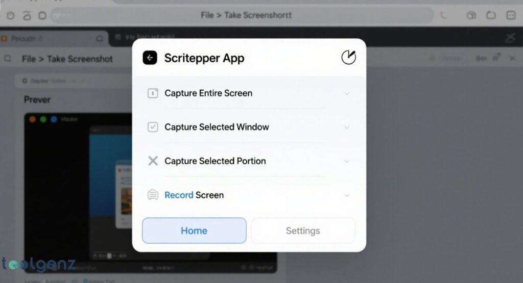 A MacBook screen displaying an open browser window in the background. A prominent white pop-up window titled "Scritepper App" (likely a generic placeholder for a screenshot utility) is in the foreground. It lists options: "Capture Entire Screen," "Capture Selected Window," "Capture Selected Portion," and "Record Screen," with checkmarks next to "Capture Selected Window." "Home" and "Settings" buttons are at the bottom.
