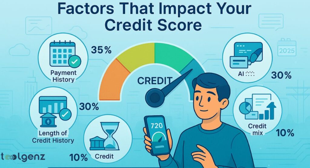 "Factors That Impact Your Credit Score." It features a central credit score gauge with percentages attributed to different factors: "Payment History" (35%), "AI" (30%), "Length of Credit History" (30%), and "Credit Mix" (10%). A man is shown holding a smartphone displaying a credit score of "720."

