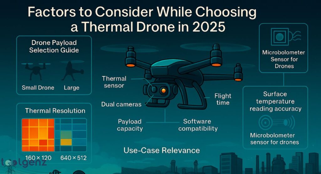 "Factors to Consider While Choosing a Thermal Drone in 2025." It features a central thermal drone surrounded by various technical specifications and considerations. These include "Drone Payload Selection Guide" (showing small and large drones), "Microbolometer Sensor for Drones," "Thermal sensor," "Dual cameras," "Flight time," "Payload capacity," "Software compatibility," "Surface temperature reading accuracy," "Thermal Resolution" (with 160x120 and 640x512 examples), and "Use-Case Relevance."