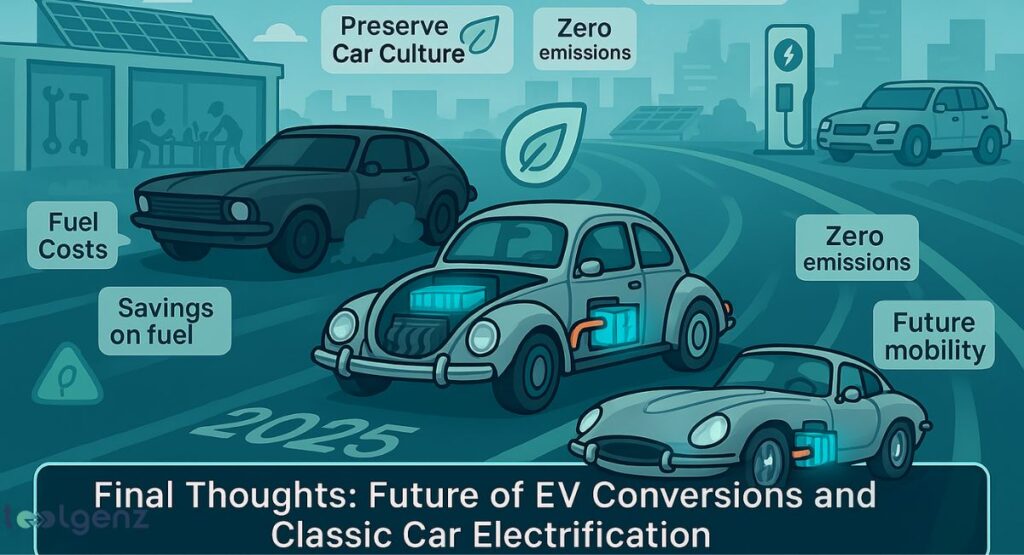 "Final Thoughts: Future of EV Conversions and Classic Car Electrification." It shows a street scene with several classic cars. A dark gray gas car on the left emits smoke, while a silver Volkswagen Beetle and a Jaguar E-Type in the center and right are depicted as converted EVs with visible battery packs and motors. Text highlights "Preserve Car Culture," "Zero emissions," and "Future mobility."