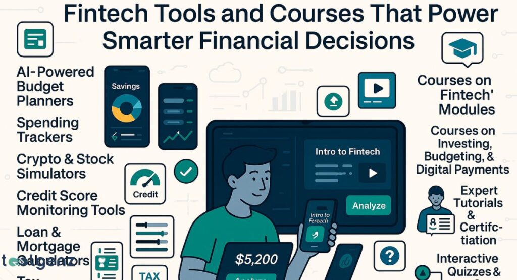 An infographic illustrating "Fintech Tools and Courses That Power Smarter Financial Decisions," showing a person interacting with a laptop and smartphone displaying financial dashboards, surrounded by icons and text listing features like AI budget planners, crypto simulators, credit monitoring, and various fintech courses.