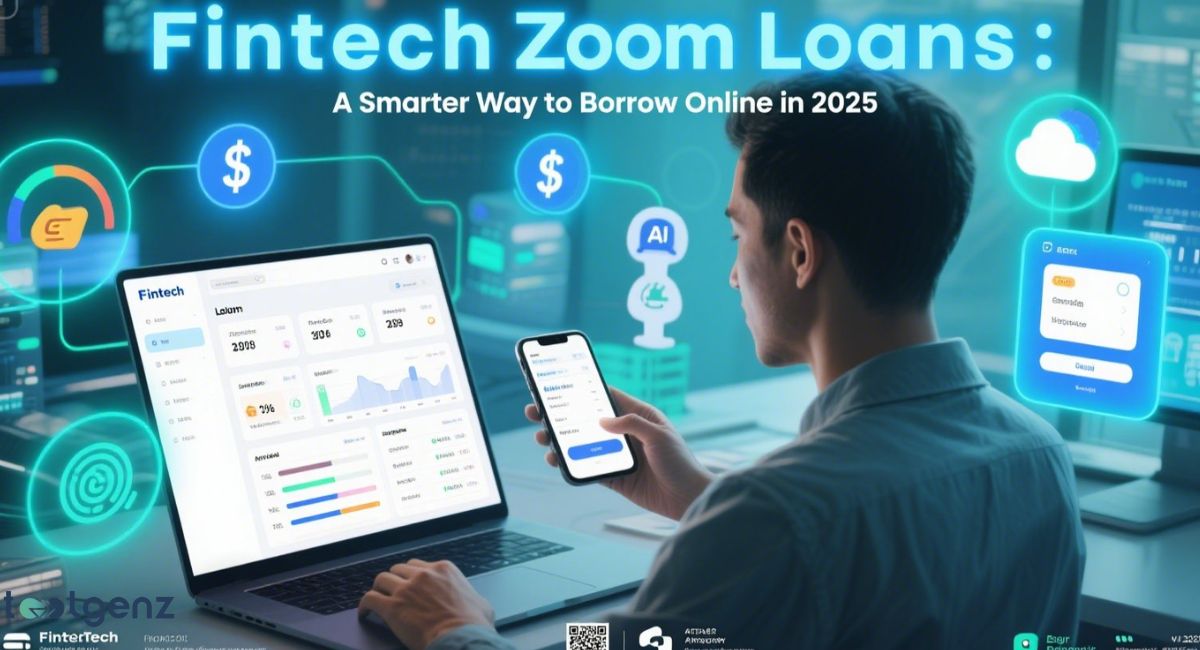 A man using a laptop displaying a "Fintech Zoom Loans" dashboard with financial data and graphs, while interacting with a smartphone, surrounded by icons representing money, AI, and cloud services, symbolizing smart online borrowing.