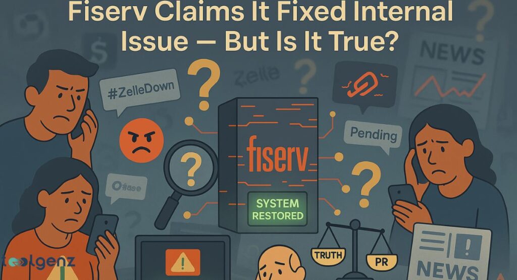 "Fiserv Claims It Fixed Internal Issue – But Is It True?". It depicts a central server stack with a "SYSTEM RESTORED" message and surrounding question marks. Distressed cartoon people use phones showing "Zelle" and "Pending" messages, while news headlines, a magnifying glass, and scales of "TRUTH" vs. "PR" suggest skepticism about Fiserv's claim.