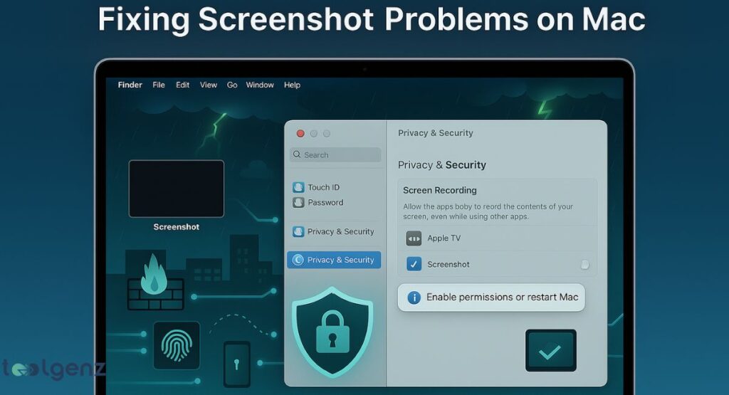 A MacBook screen displaying macOS settings for "Privacy & Security." The "Screen Recording" section is open, showing "Allow the apps [sic] by to record the contents of your screen, even while using other apps." Below this, "Apple TV" and "Screenshot" are listed with checkboxes, the "Screenshot" checkbox being checked. An information icon with "Enable permissions or restart Mac" is also visible.

