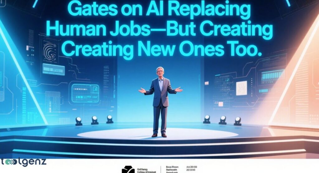 An illustration of Bill Gates standing on a stage, addressing an audience about AI. Large futuristic screens behind him display digital interfaces, data, and circuit board patterns in blue and white. The prominent title reads "Gates on AI Replacing Human Jobs—But Creating New Ones Too.