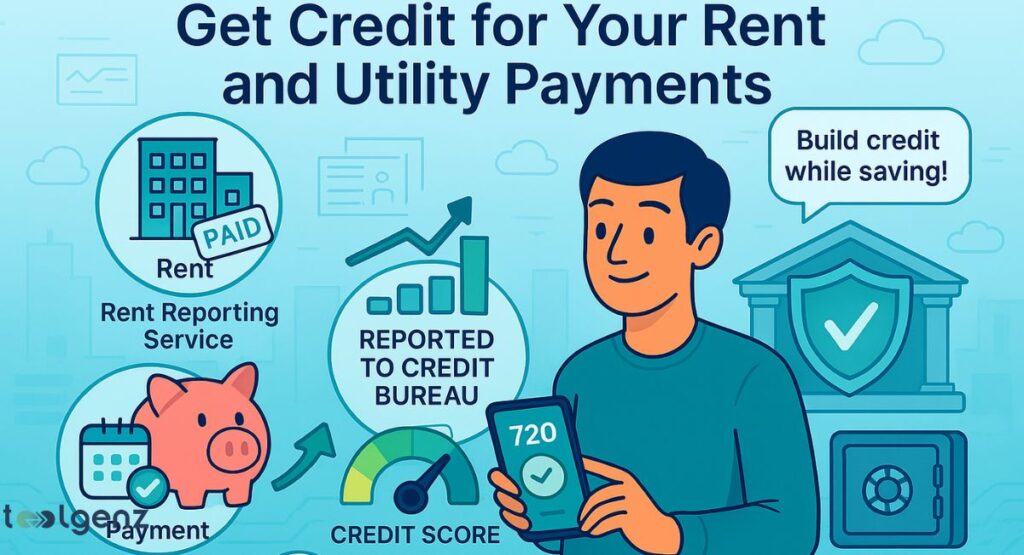 "Get Credit for Your Rent and Utility Payments." It features a man holding a smartphone displaying a "720" credit score, surrounded by elements like a "Rent" building with "PAID" stamp, "Rent Reporting Service," a piggy bank, and a credit score gauge, all leading to an improved credit score.

