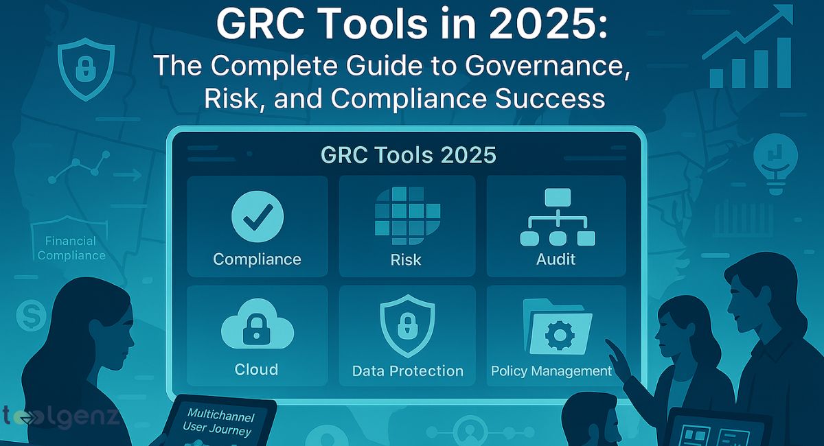 "GRC Tools in 2025: The Complete Guide to Governance, Risk, and Compliance Success." It features a central blue interface displaying six key GRC modules: "Compliance," "Risk," "Audit," "Cloud," "Data Protection," and "Policy Management." Surrounding elements include a shield with an '8' (likely symbolizing security), financial graphs, and silhouettes of people interacting with digital devices.