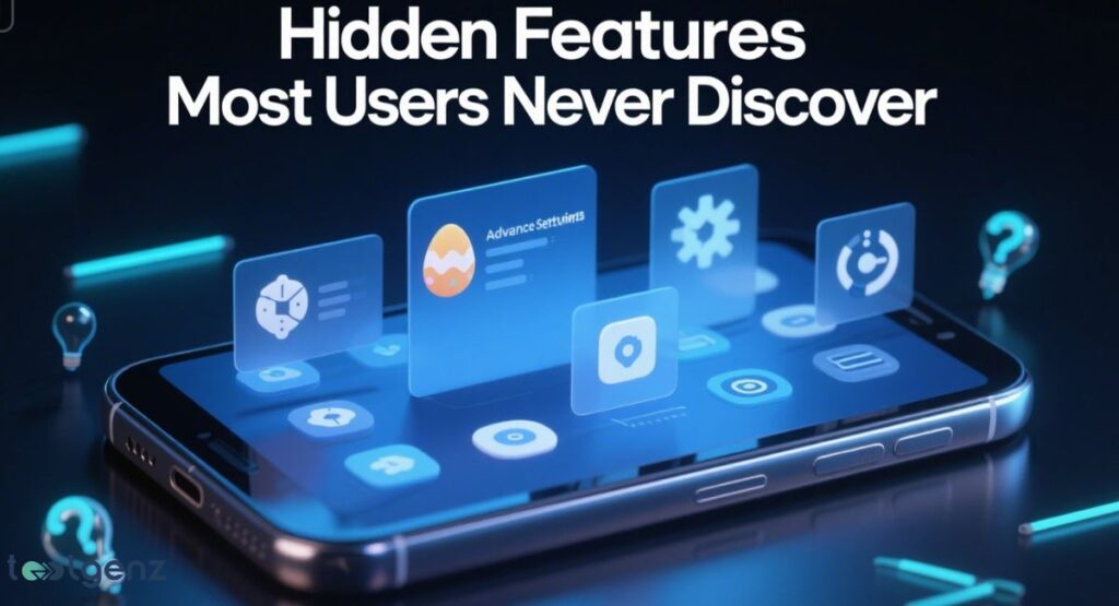 A smartphone with glowing blue holographic interfaces floating above it, displaying icons like a gear, a clock, and a profile, symbolizing "Hidden Features Most Users Never Discover" within an app or system.