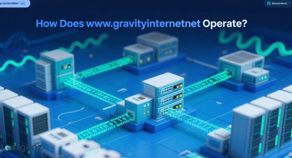 A 3D isometric illustration of a digital network with various server racks and data centers connected by glowing blue data streams containing binary code, set against a blue circuit board background, demonstrating "How Does www.gravityinternetnet Operate?