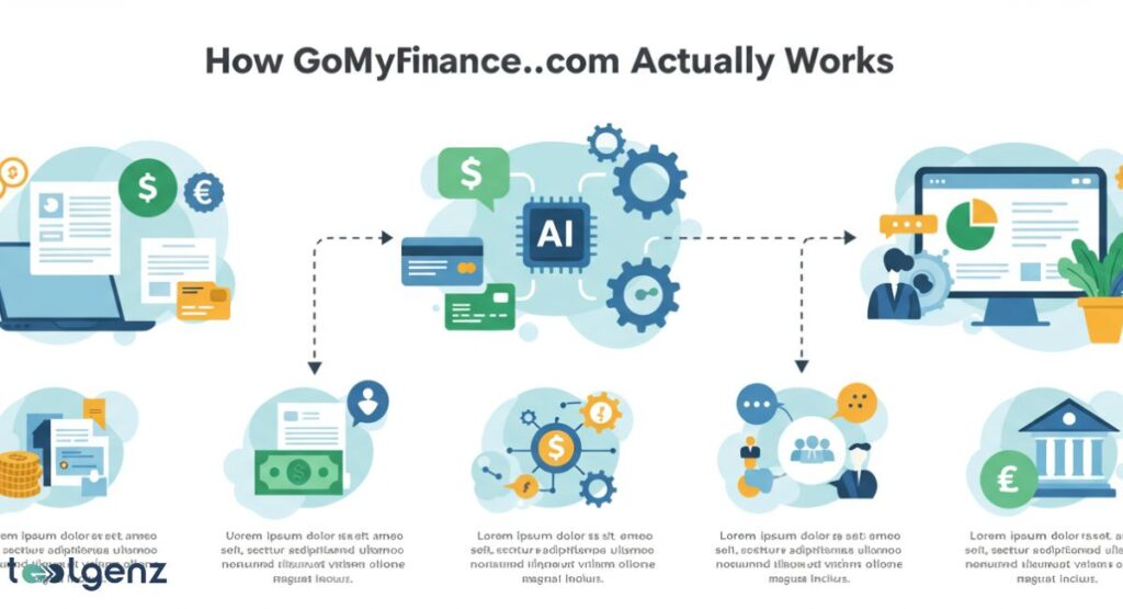 An infographic illustrating "How GoMyFinance.com Actually Works," showing a central AI processor connected to various financial elements like documents, credit cards, money, and a dashboard, symbolizing data flow and financial management processes.