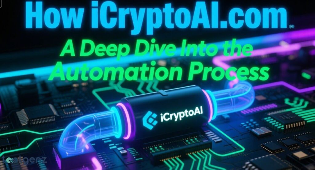 A stylized digital circuit board with glowing neon traces, featuring a central conduit labeled "iCryptoAI" that symbolizes the automation process, all under the title "How iCryptoAI.com Works: A Deep Dive Into the Automation Process."