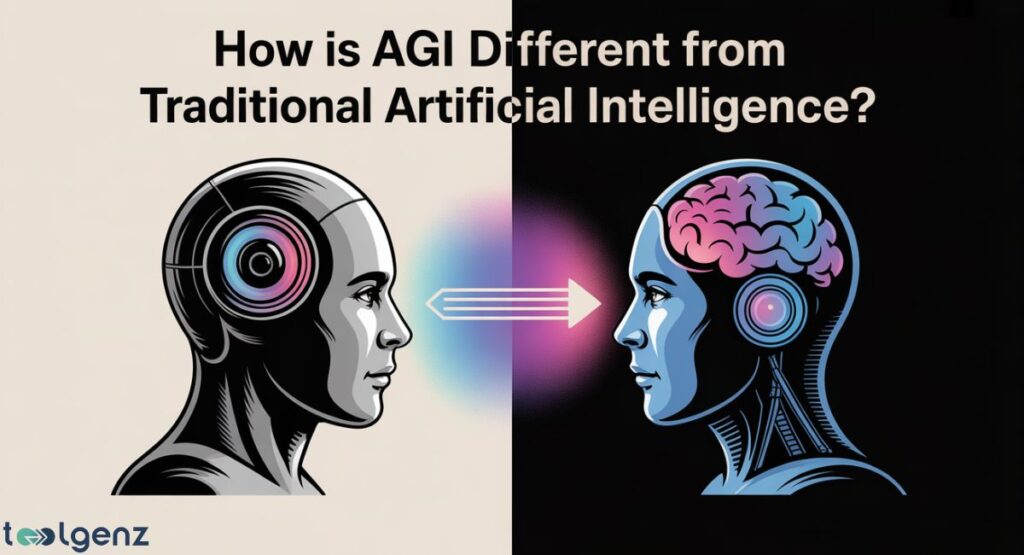 An artistic illustration comparing two profiles facing each other: on the left, a silver robotic head with glowing blue and pink concentric circles representing traditional AI; on the right, a human-like head with a glowing, detailed brain (pink and blue hemispheres) representing AGI. A colorful light beam with arrows connects their gazes, symbolizing the conceptual difference between the two forms of intelligence. The title is "How is AGI Different from Traditional Artificial Intelligence?"