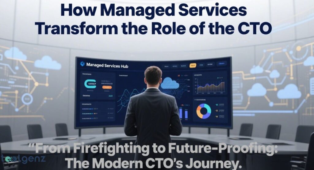 A man in a suit stands facing a large, curved holographic screen displaying a "Managed Services Hub" dashboard with various data, charts, and cloud icons, illustrating "How Managed Services Transform the Role of the CTO." The text "From Firefighting to Future-Proofing: The Modern CTO's Journey" is at the bottom.