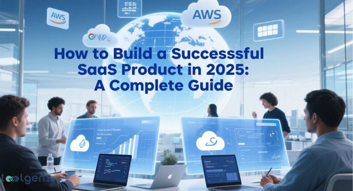 An illustration depicting a modern, high-tech office environment with a large globe in the center displaying interconnected lines. The title reads "How to Build a Successful SaaS Product in 2025: A Complete Guide." Several people are working on laptops with screens showing cloud icons and data visualizations. Cloud symbols with "AWS" are floating above.