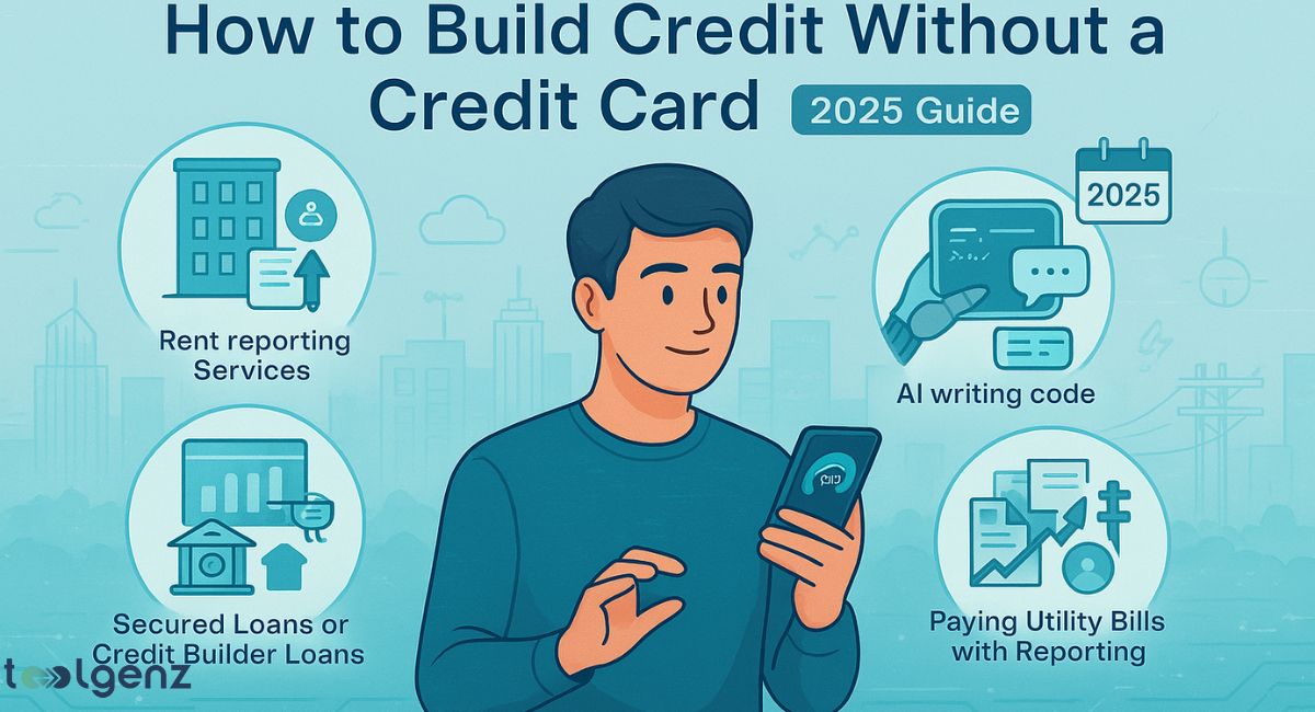 "How to Build Credit Without a Credit Card (2025 Guide)." It features a central man holding a smartphone and is surrounded by four methods to build credit: "Rent reporting Services," "Secured Loans or Credit Builder Loans," "AI writing code," and "Paying Utility Bills with Reporting."