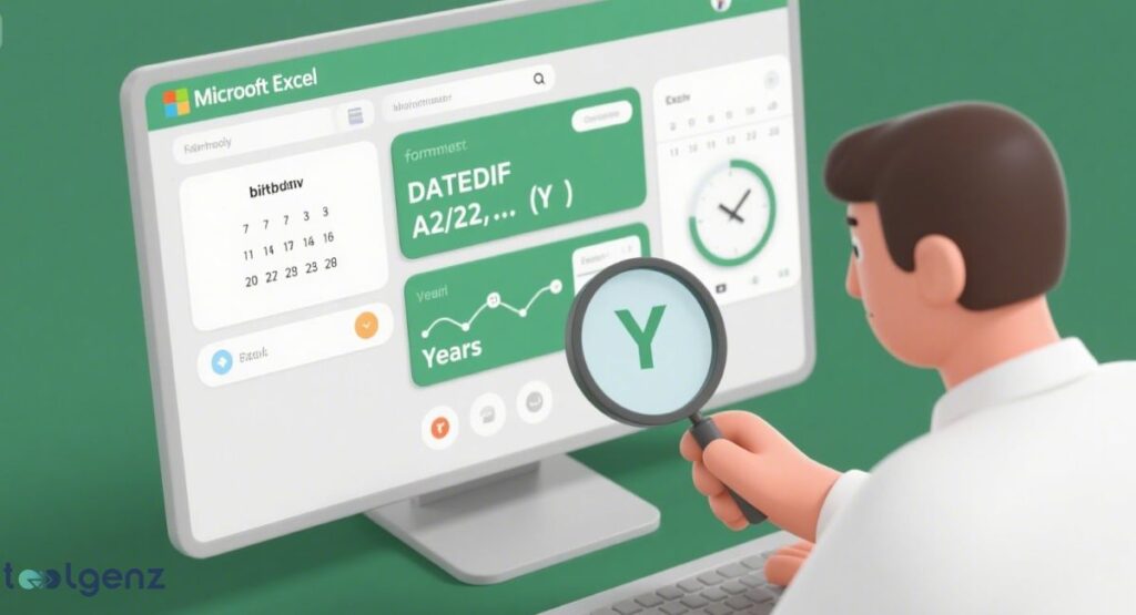 A 3D illustration of a person looking at a computer screen displaying Microsoft Excel, demonstrating how to use the DATEDIF function with "Y" for years to calculate exact age.