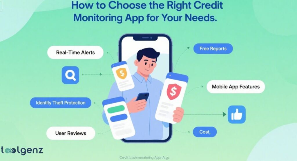 An illustration of a man holding a smartphone, surrounded by floating text bubbles and icons representing factors to consider when choosing a credit monitoring app, such as real-time alerts, free reports, identity theft protection, mobile app features, user reviews, and cost.