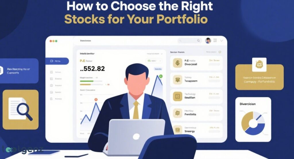 An illustration of an investor at a laptop in front of a large screen displaying stock market data, P/E ratios, sector analyses, and portfolio diversification charts, providing guidance on "How to Choose the Right Stocks for Your Portfolio."