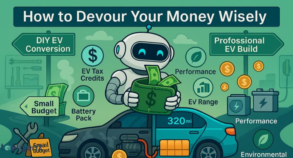 "How to Devour Your Money Wisely: Choosing the Right EV Conversion Path." It shows a car split in half, one side an ICE car and the other an EV, with a robot holding a wallet. The image contrasts "DIY EV Conversion" for a "Small Budget" with a "Professional EV Build." It highlights factors like "EV Tax Credits," "Battery Pack," "EV Range" of 320 miles, and "Performance."