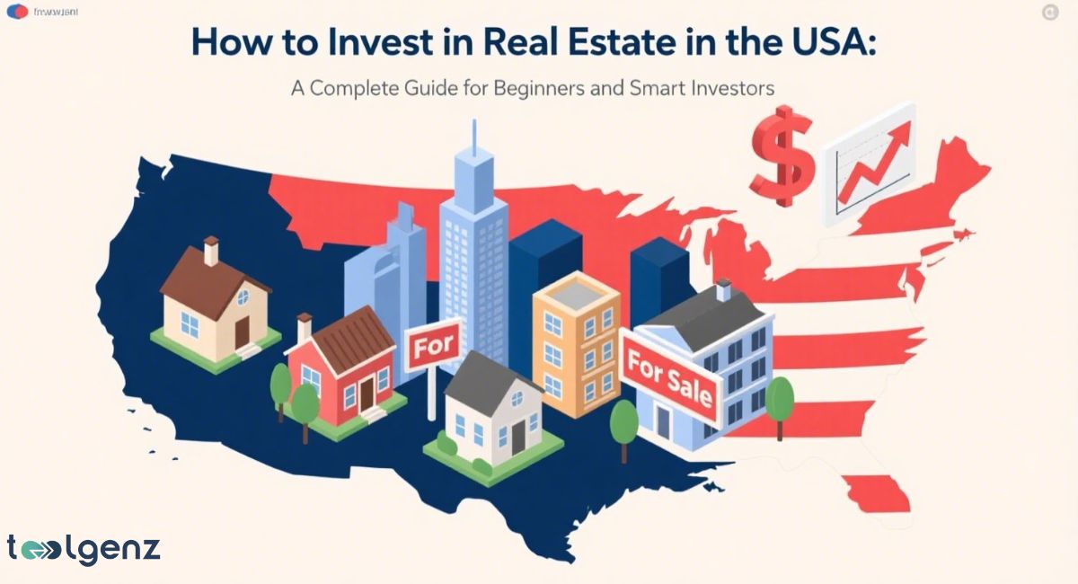 Illustration of the USA map filled with various real estate properties like houses and buildings, with "For Sale" signs, a dollar sign, and an upward trending graph, titled "How to Invest in Real Estate in the USA: A Complete Guide for Beginners and Smart Investors."