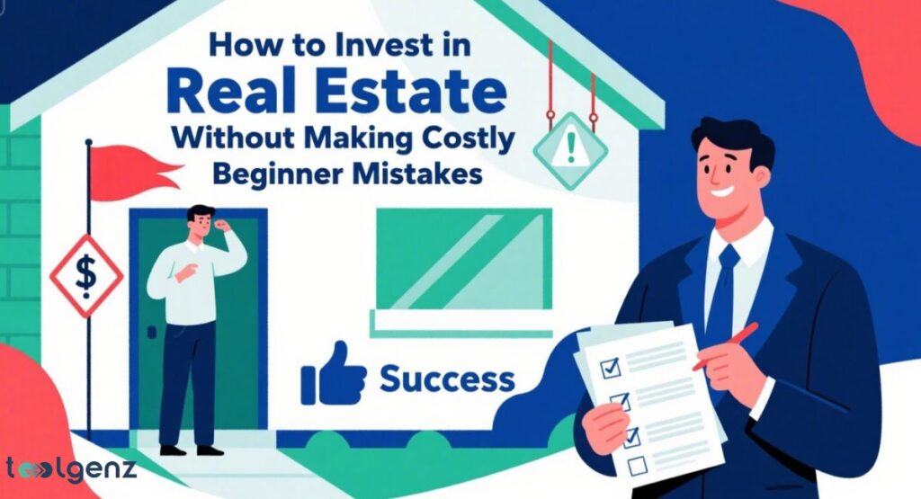 An illustration of a man in a suit holding a checklist, standing in front of a house, with another man looking perplexed by a dollar sign flag, all under the title "How to Invest in Real Estate Without Making Costly Beginner Mistakes." A thumbs-up icon and "Success" text are also visible.