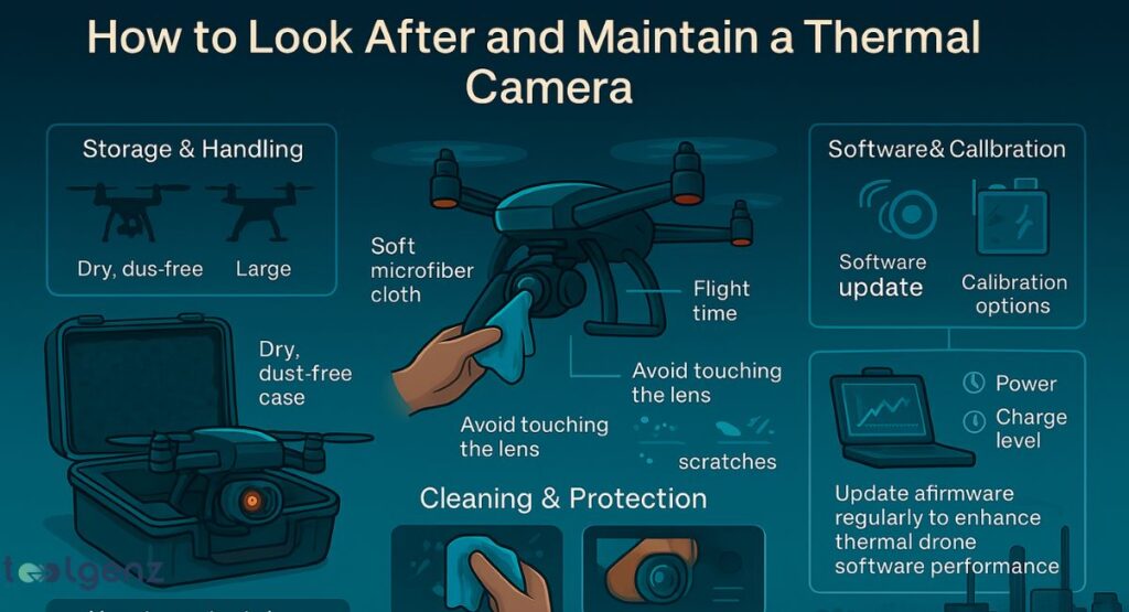 "How to Look After and Maintain a Thermal Camera." It illustrates maintenance tips for thermal drones and cameras, including "Storage & Handling" (dry, dust-free case), "Cleaning & Protection" (soft microfiber cloth, avoid touching the lens to prevent scratches), and "Software & Calibration" (software updates, calibration options, regular firmware updates for performance). A central drone is shown with various labels like "Flight time."