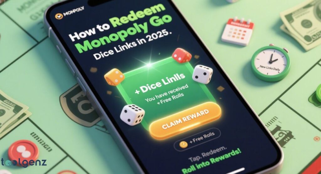 A smartphone screen displaying "How to Redeem Monopoly Go Dice Links in 2025," with a prominent "Claim Reward" button, dice, and money on a Monopoly board background, alongside a calendar and a timer indicating daily links.