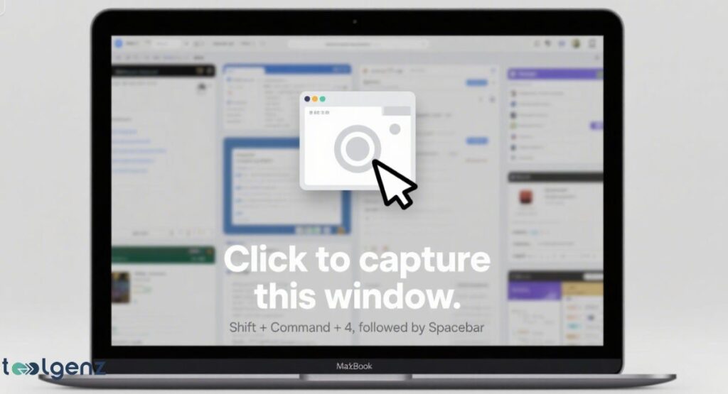A MacBook screen displaying an open desktop with multiple windows blurred in the background. A prominent white, semi-transparent square icon of a camera is overlaid on the screen, with a black mouse cursor pointing towards it. Below this, large white text reads "Click to capture this window." followed by "Shift + Command + 4, followed by Spacebar."