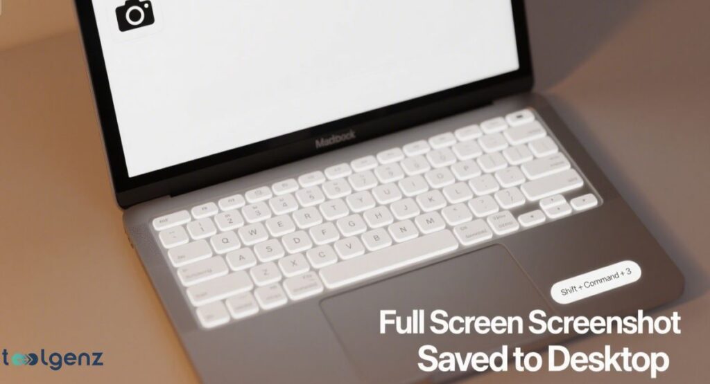 A close-up, angled view of an open MacBook laptop with a bright white screen displaying a camera icon. The keyboard is illuminated, and a glowing white box highlights the "Shift + Command + 3" keys on the left side of the keyboard. Text overlay in the bottom right corner reads "Full Screen Screenshot Saved to Desktop.