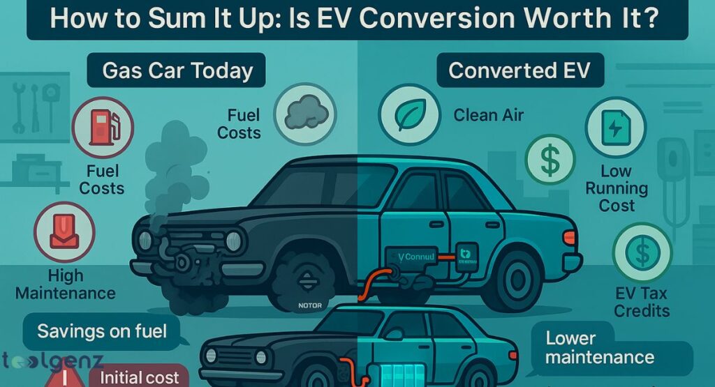 "How to Sum It Up: Is EV Conversion Worth It?". It shows a car split in half, comparing a "Gas Car Today" with a "Converted EV." The gas car side highlights "High Maintenance" and "Fuel Costs," while the EV side emphasizes "Clean Air," "Low Running Cost," and "EV Tax Credits."