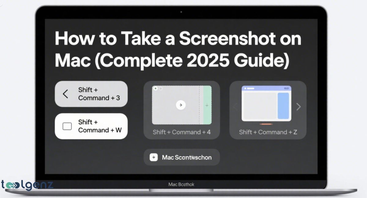 A laptop screen displaying "How to Take a Screenshot on Mac (Complete 2025 Guide)" in bold white text. Below the title, three visual examples demonstrate different keyboard shortcuts: "Shift + Command + 3" for full screen, "Shift + Command + 4" for a selected area (indicated by a crosshair), and "Shift + Command + Z" (likely a typo for 'Shift + Command + 5' for selection options or 'Shift + Command + 6' for Touch Bar screenshots) for a window or a specific part of the screen.